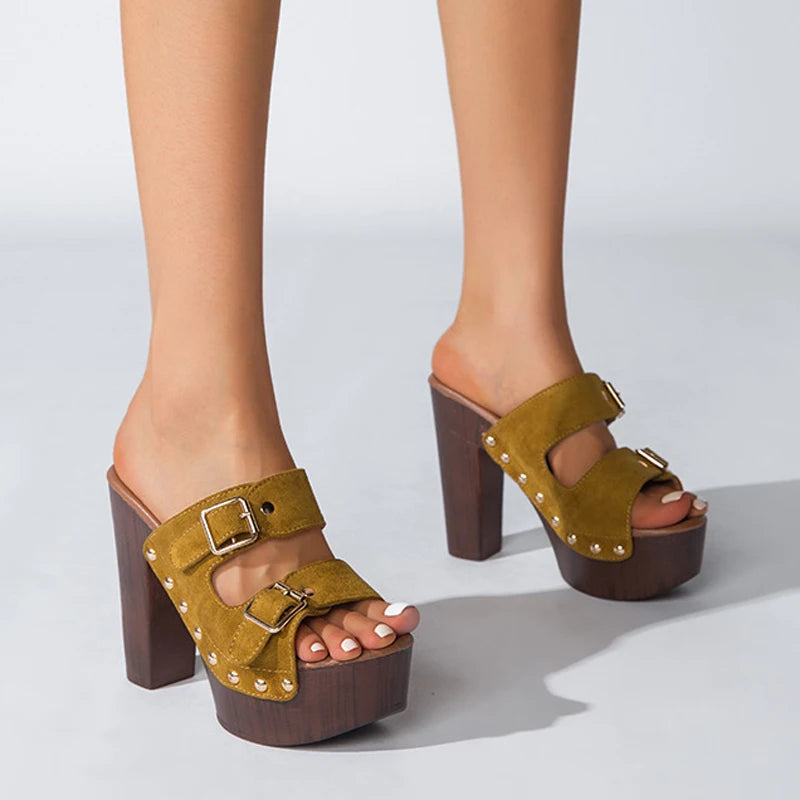 Women's Chunky Wooden Platform Sandals with Rivet Buckle Strap