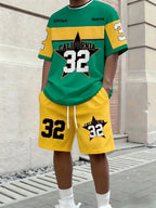 Men's Letter Stripe Print Round Neck T-Shirt and Drawstring Shorts Set