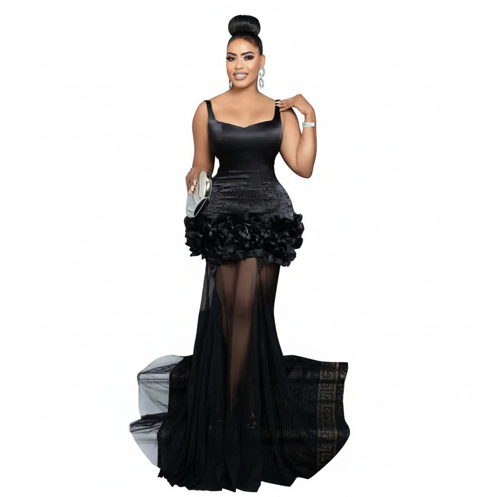 Women's Sexy 3D Flower Mesh Bodycon Maxi Dress