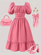 Girls' Off-Shoulder Lantern Sleeve Bow Solid Puff Dress T5591OBMTDD