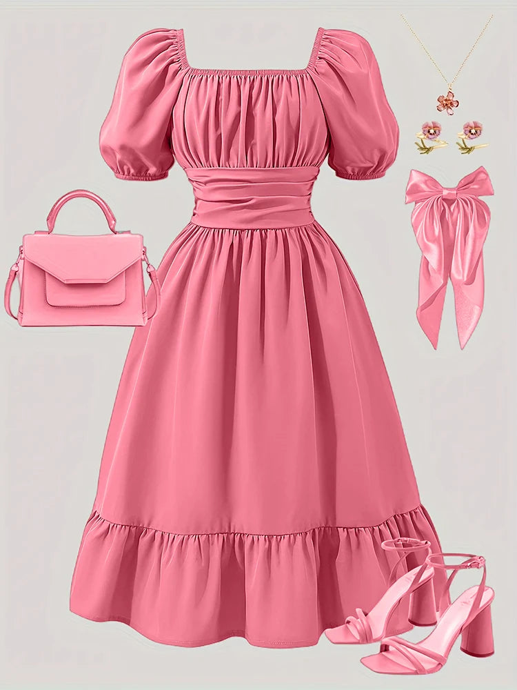 Girls' Off-Shoulder Lantern Sleeve Bow Solid Puff Dress T5591OBMTDD