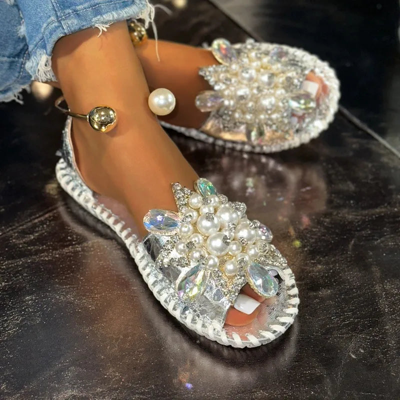 Women's Pearl Crystal Flower Flat Sandals Casual Open Toe