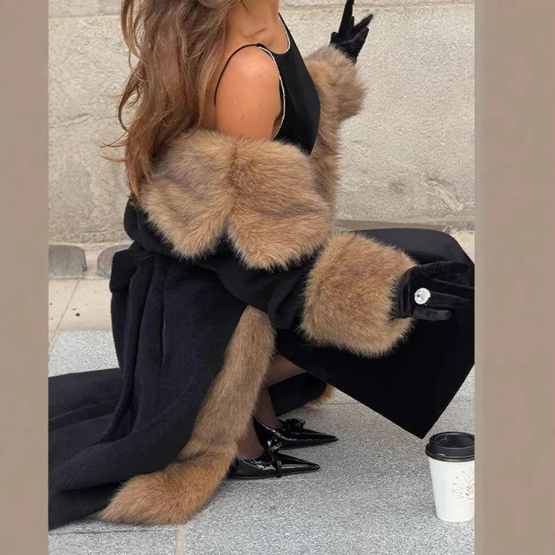 Women's Thick Warm Fur Collar Lace-Up Long Coat CR25122623