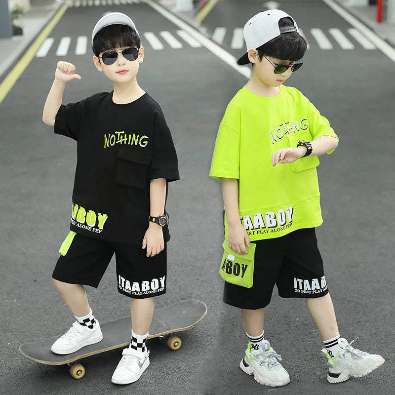Boys Summer Letter Print Short Sleeve T-Shirt and Shorts Set