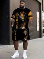Men's Tiger Print Round Neck T-Shirt and Drawstring Shorts Set