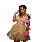 Lisong 3D Flower Tulle Party Dress Women's A-Line Mini Champagne