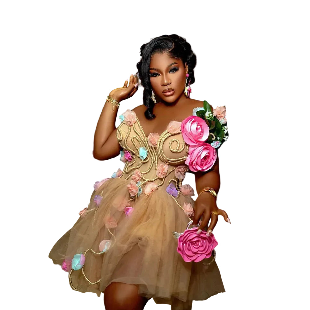 Lisong 3D Flower Tulle Party Dress Women's A-Line Mini Champagne
