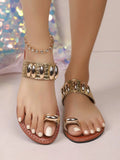 Bohemian Gold Embellished Flat Sandals with Toe Ring