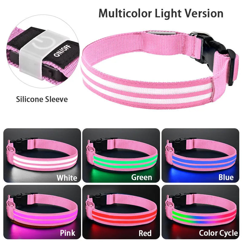 Rechargeable LED Dog Collar with Harness Connector and Leash Ring for Night Walks