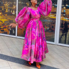 Women's Floral Print Chiffon Puff Sleeve Maxi Dress