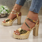 Women's Square Heel Gladiator Pumps Diamond Buckle Platform Sandals