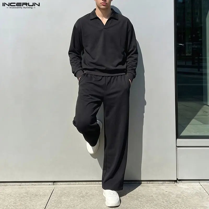 Men's Lapel Long Sleeve Sweatshirt Pants Two-Piece Set