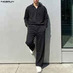 Men's Lapel Long Sleeve Sweatshirt Pants Two-Piece Set