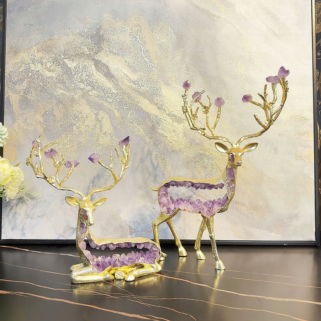 Golden Deer Crystal Figurine and Amethyst Statue