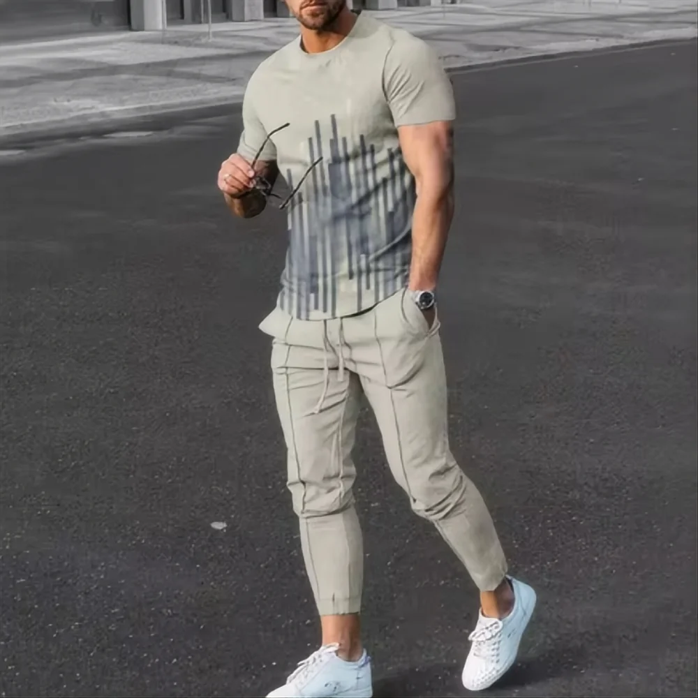 Men's Casual 3D Print T-Shirt and Pants Suit Set