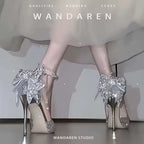 UETEEY Women's Elegant Sequin Bow Pointy Toe High Heels