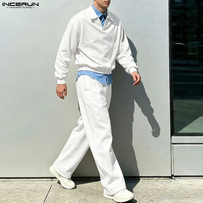 Men's Lapel Long Sleeve Sweatshirt Pants Two-Piece Set