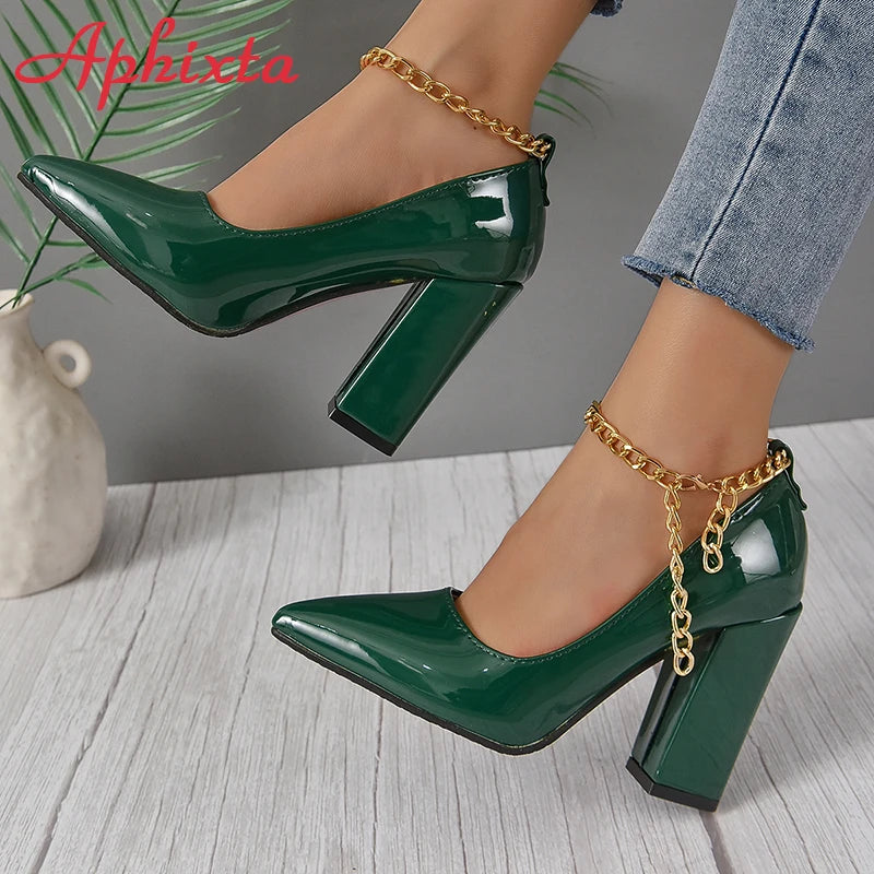 Women's Pointed Toe Gold Chain Ankle Strap 3.9 in Square Heel Pumps
