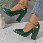 Women's Pointed Toe Gold Chain Ankle Strap 3.9 in Square Heel Pumps
