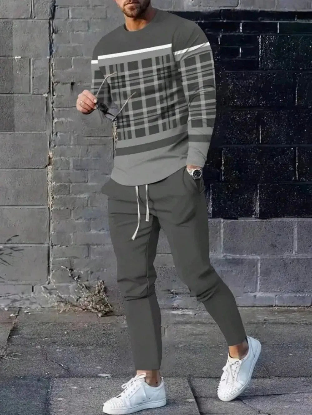Men's Casual Striped Print Round Neck Shirt and Pants Set