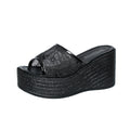 Women's Slip-On Wedge Platform Sandals with Floral Accents Black