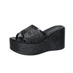 Women's Slip-On Wedge Platform Sandals with Floral Accents Black