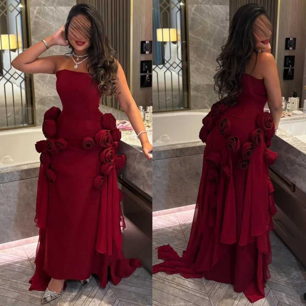 Women's Flower Pleat Strapless A-Line Midi Dress