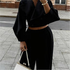 Women's Solid Lapel Woolen Top Wide Leg Pants Set
