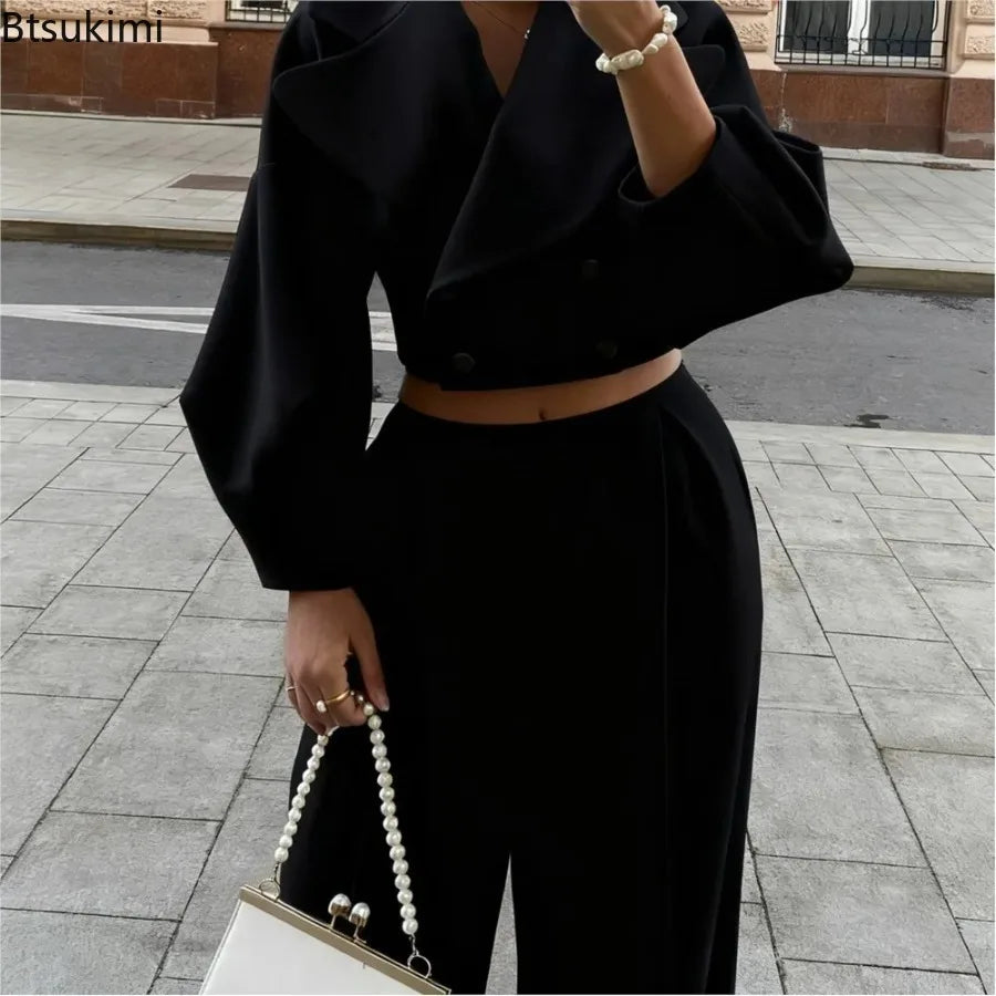 Women's Solid Lapel Woolen Top Wide Leg Pants Set
