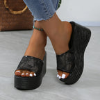 Women's Slip-On Wedge Platform Sandals with Floral Accents Black