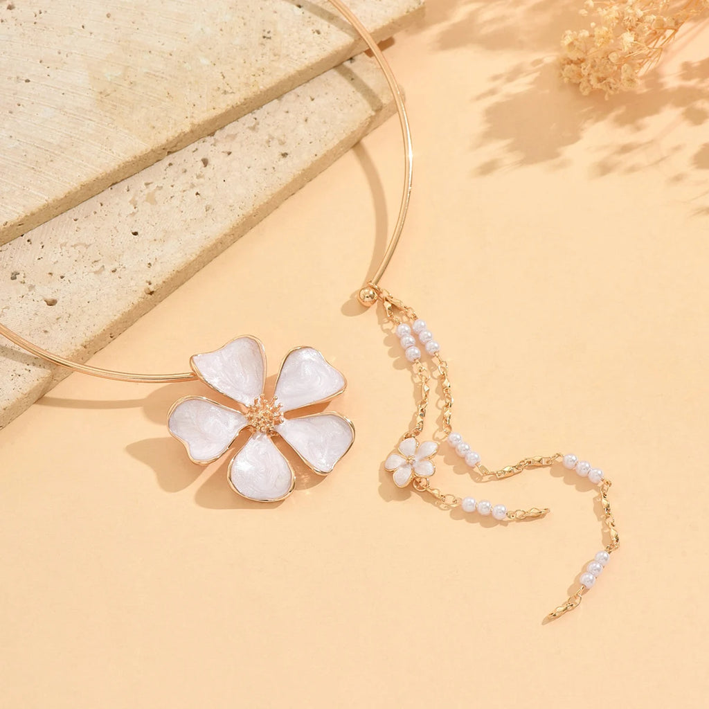 Women's Fashion Bohemian Enamel Flower Pearl Tassel Open Choker Necklace