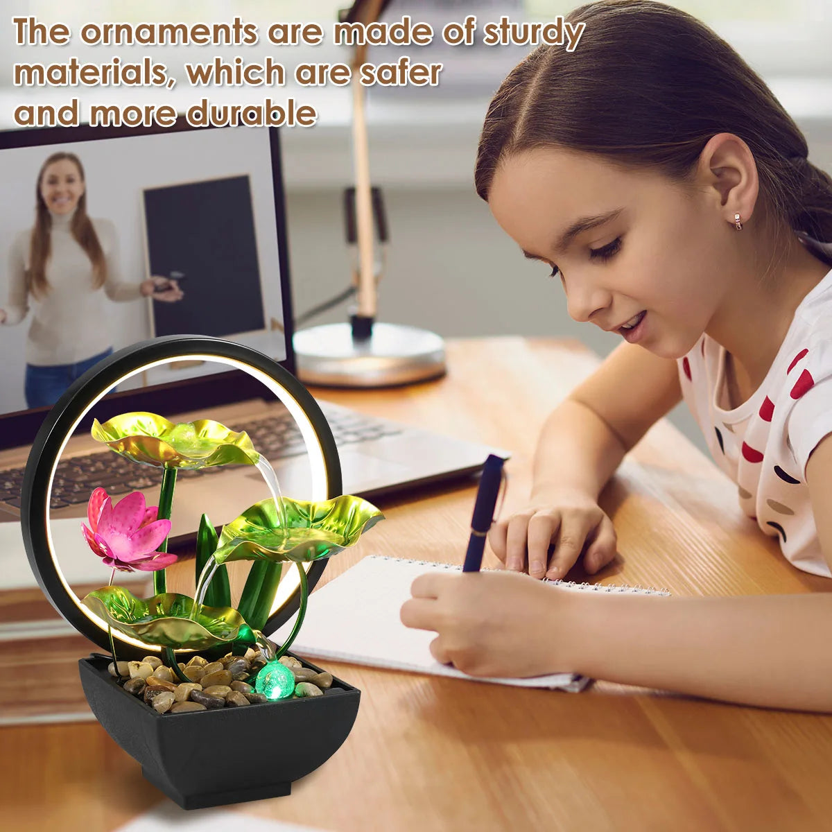 Lotus Leaf Tabletop Water Fountain and LED Light Waterfall