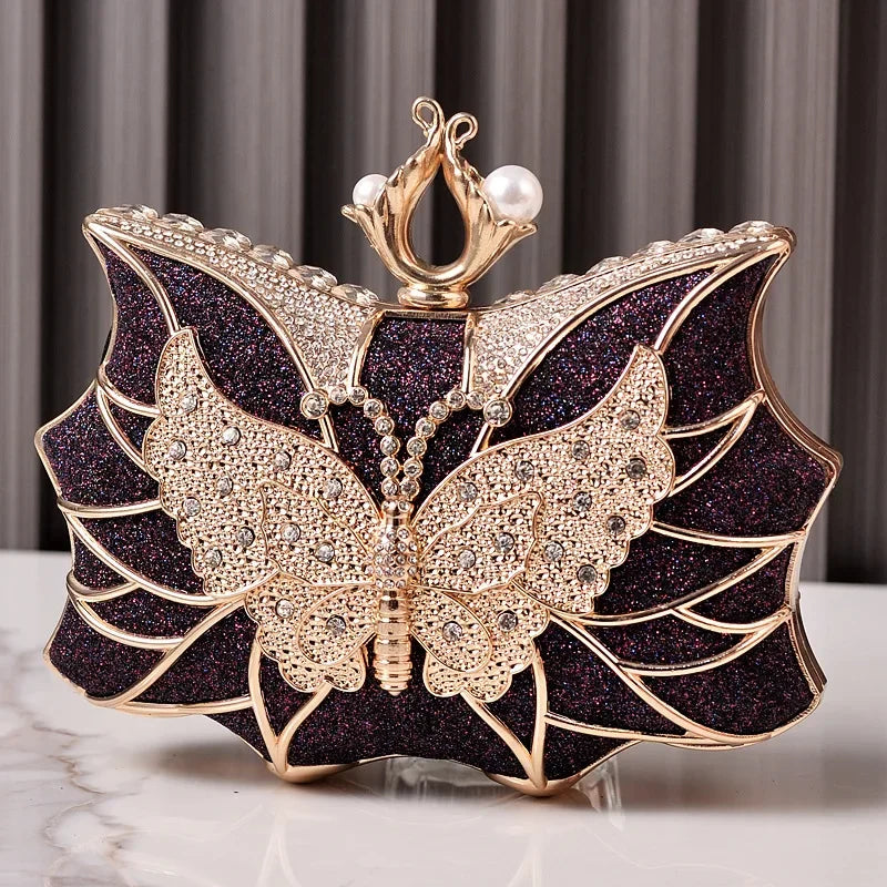 Hollow Butterfly Evening Clutch Bag with Sequins and Diamonds