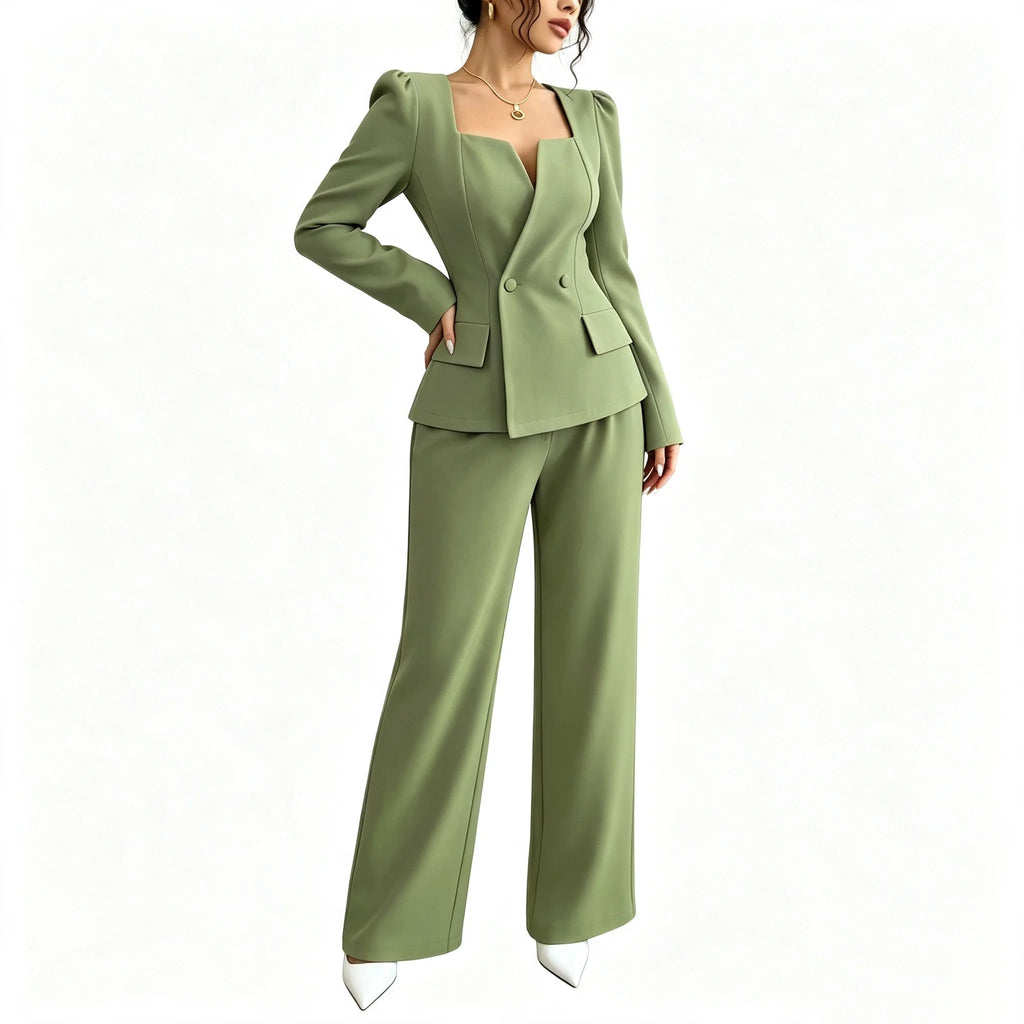 Women's Square Neck Blazer Wide Leg Pants Suit