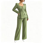 Women's Square Neck Blazer Wide Leg Pants Suit