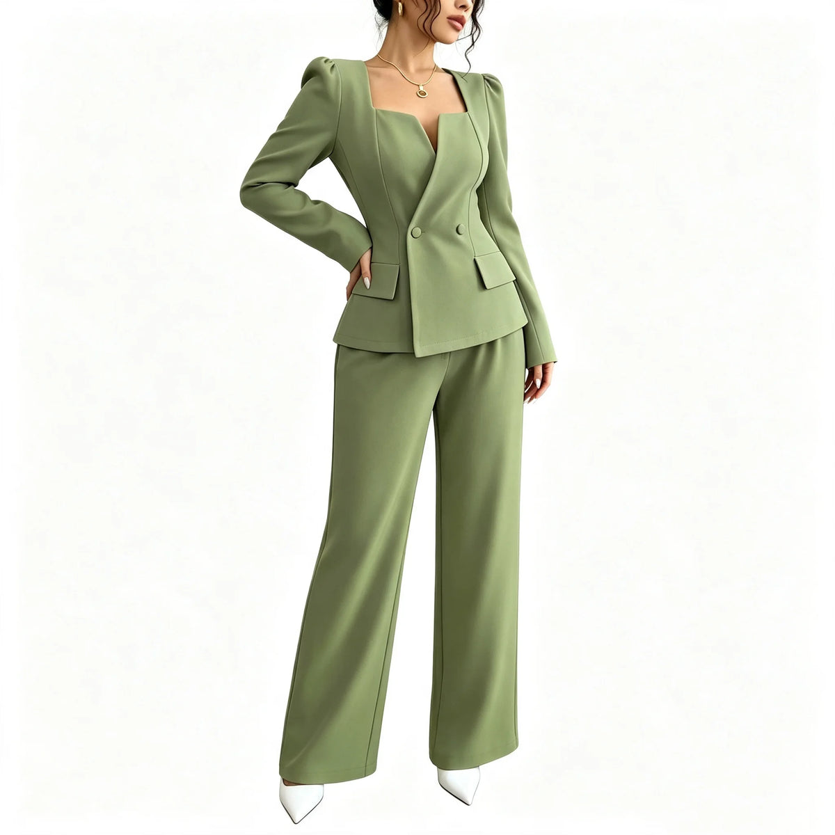 Women's Square Neck Blazer Wide Leg Pants Suit