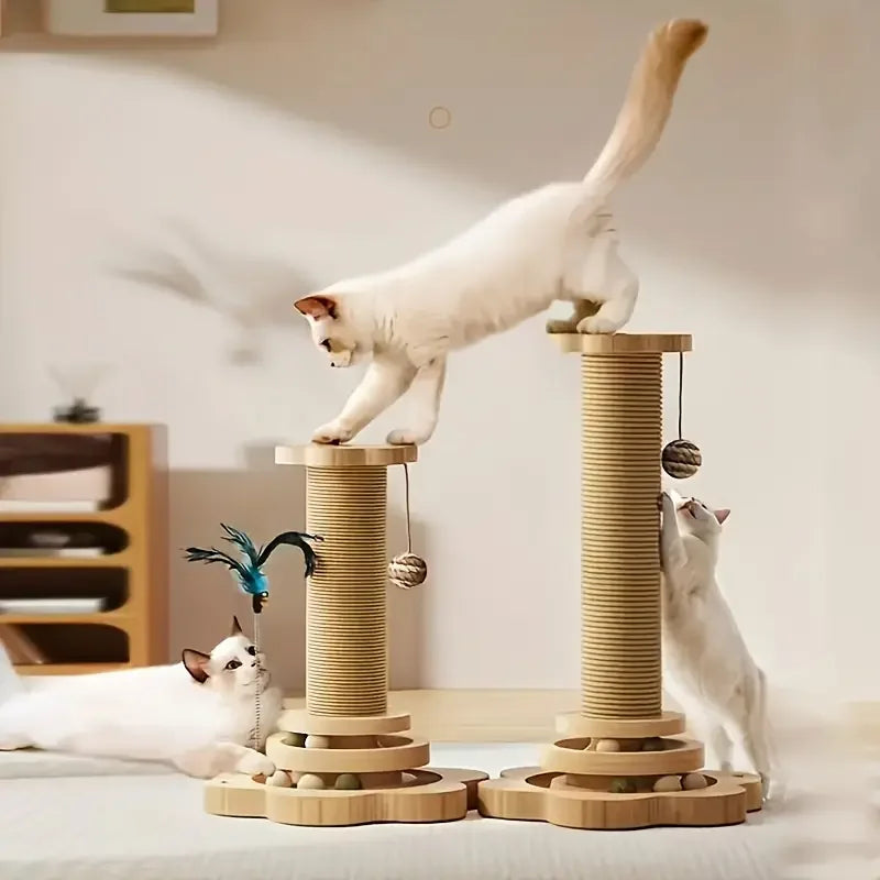 Wooden Rotating Cat Scratch Board with Non-Shedding Fiber Chew Toy and Stand