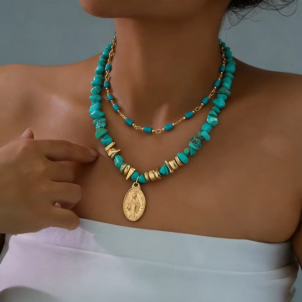 Women's Trendy Bohemian Blue Natural Stone Geometric Pendant Necklace