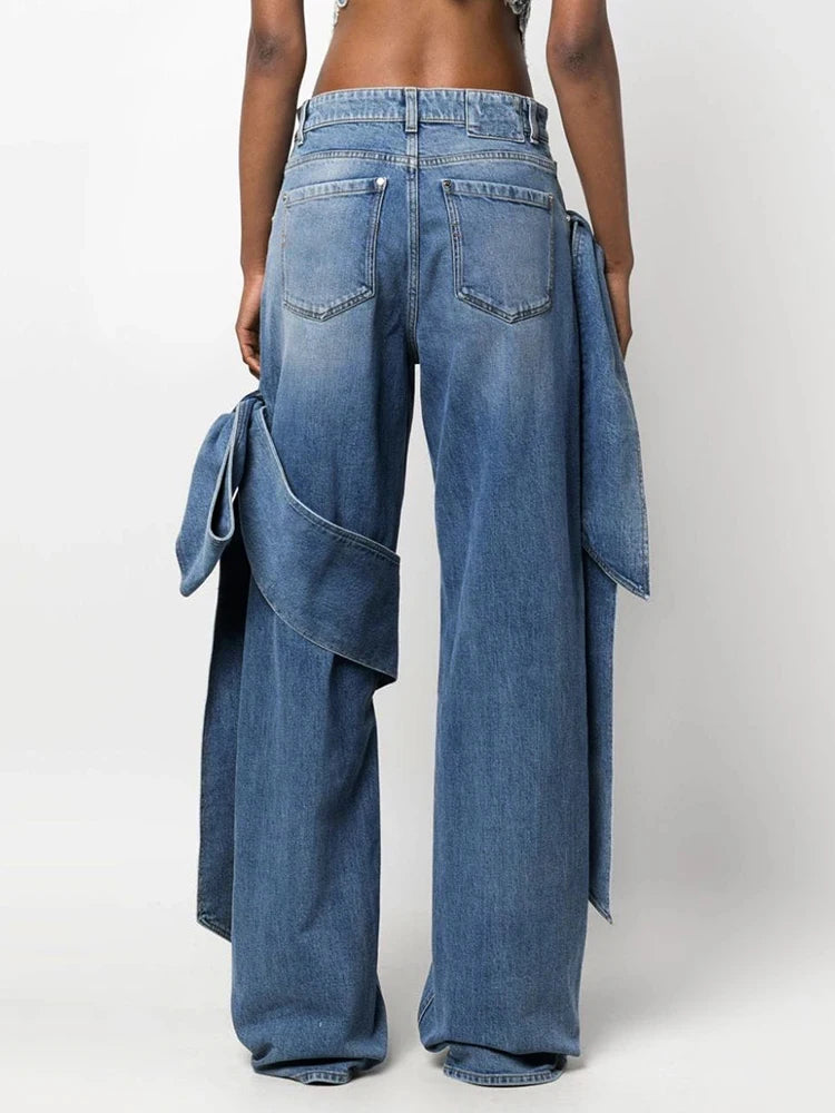 TWOTWINSTYLE High-Waisted Patchwork Lace-Up Jeans Straight Leg Blue