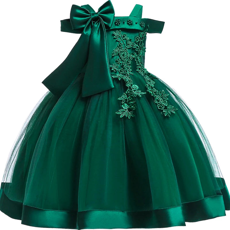 Girls' Flower Applique Bow Princess Ball Gown Dress