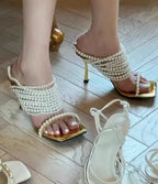 Women's Pearl Beading Square Open Toe High Heel Mules