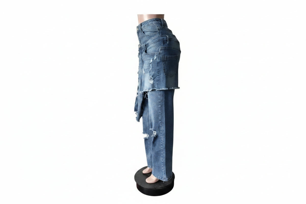 Women's Vintage High Waist Ripped Cutout Denim Jeans Pants