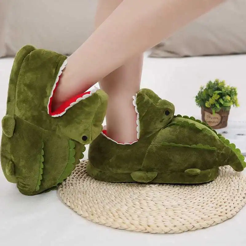 Women's Chunky Fuzzy Crocodile Home Cotton Shoes Slip-On Cartoon Plush Slippers