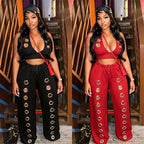 Women's Sexy Hollow Out Halter Crop Top and Wide Leg Pant Two Piece Set