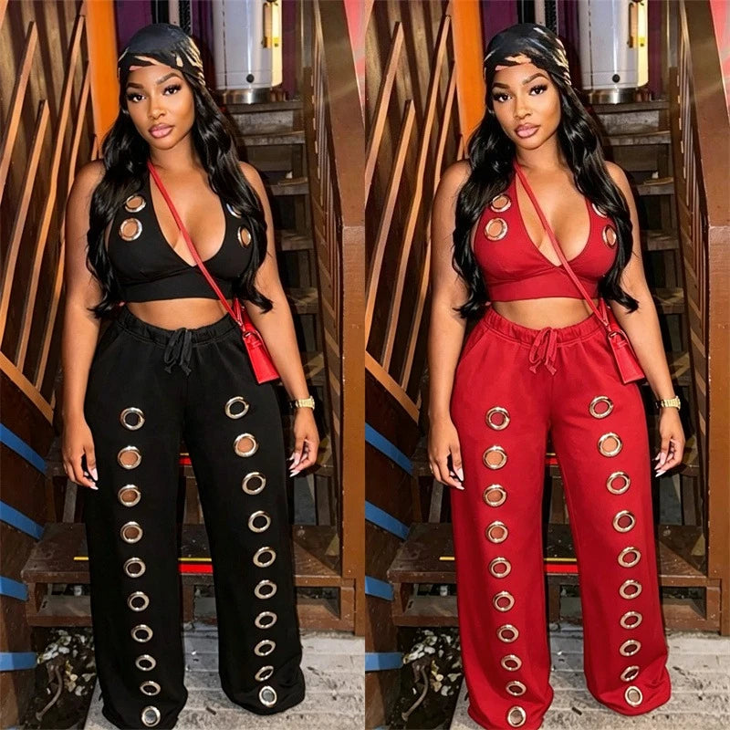 Women's Sexy Hollow Out Halter Crop Top and Wide Leg Pant Two Piece Set