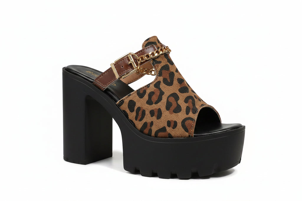 Women's Leopard Print Chunky Platform Sandals Peep Toe Heels