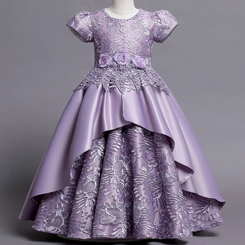 Girls' Floral Embroidery Satin Princess Ball Gown Dress