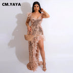 Women's Sexy Sequined Spaghetti Strap Feather Hem Maxi Dress