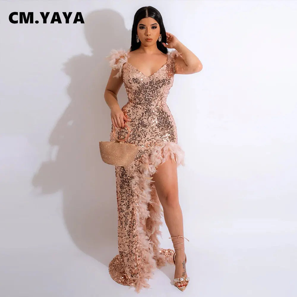Women's Sexy Sequined Spaghetti Strap Feather Hem Maxi Dress