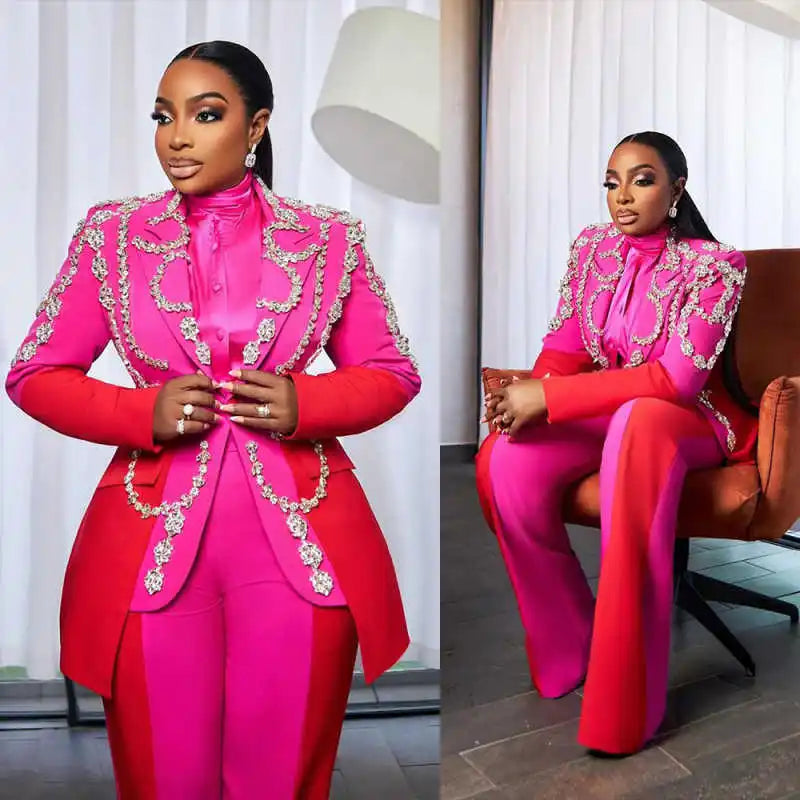Women's Crystal Embellished Jacket Blazer Suit 2-Piece Set